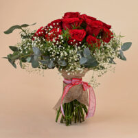 Crimson Kiss Bouquet with red roses, baby’s breath, eucalyptus, jute wrap, and red sheer ribbon by Rapid Petals by Yashken Fresh