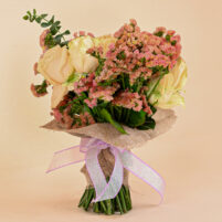 Peach Garden Glow bouquet with creamy peach roses, blush pink filler blooms, eucalyptus, jute wrap, and pastel ribbon by Rapid Petals by Yashken Fresh